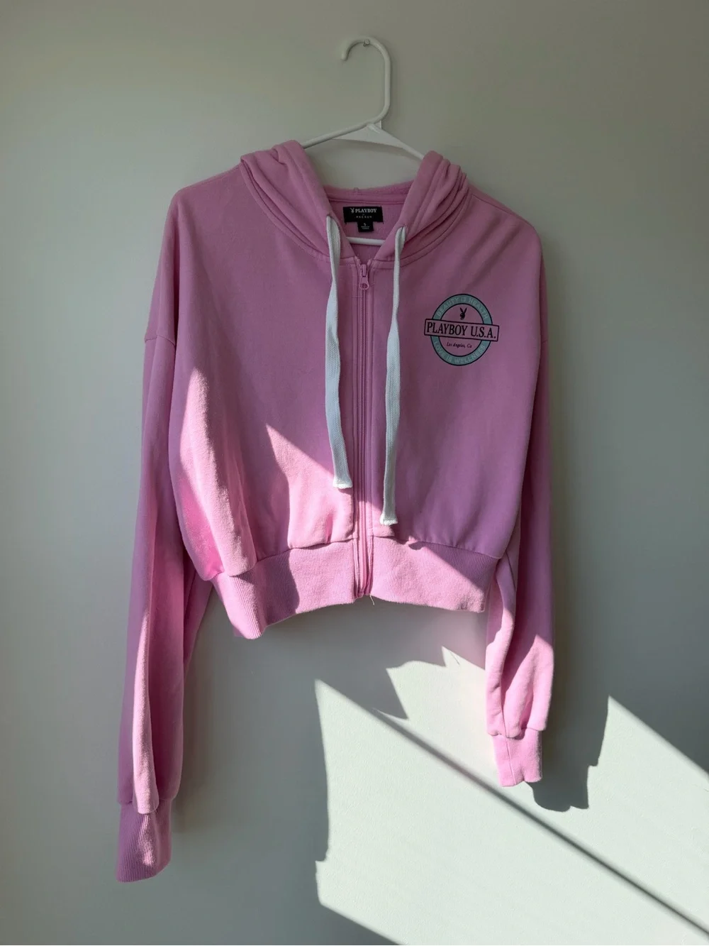 PLAYBOY Cropped Pink Zip-Up Bomber Hoodie